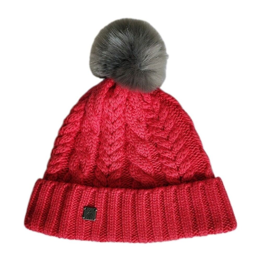 Smartwool Ski Reddish Town Hat Cable Knit Cuffed Beanie Gray Pom Pom
